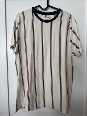 Striped Crewneck Tee - Cream with Black & Burgundy Stripes